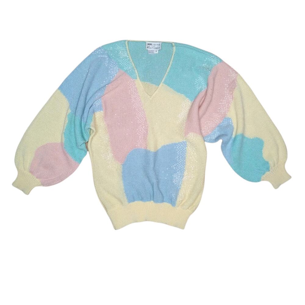 NWOT 80's Vintage Pastel Sweater with Beading Size M Yellow Blue Pink Green